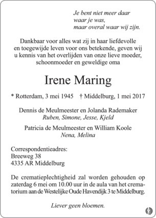 overlijdensadvertentie irene maring op 1 mei 2017.
